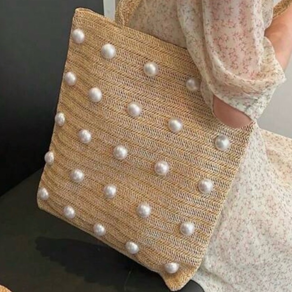 "Sandy" Pearl-Embellished Tan Weaved Tote Bag! NWOT - Picture 9 of 9